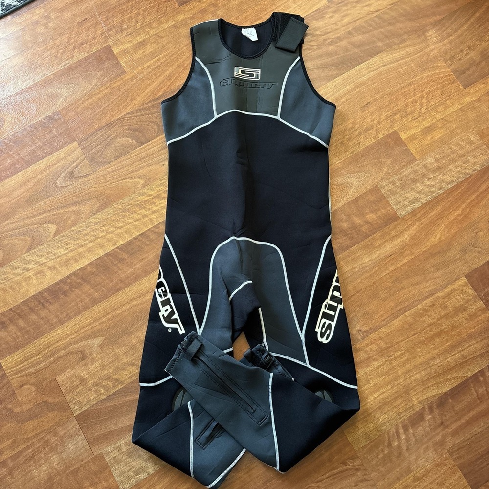 Slippery Wetsuit John Mens X-Large Black Gray Neoprene Sleeveless Surf Ski PWC
